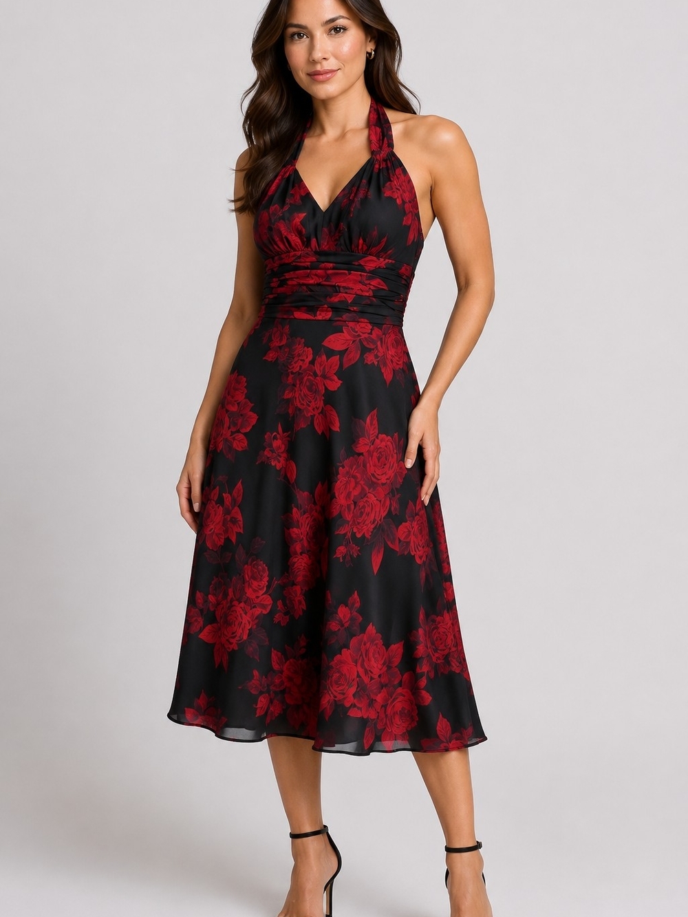 Vintage Jessica Black Halter Midi Dress with Red Rose Print Size L US 10